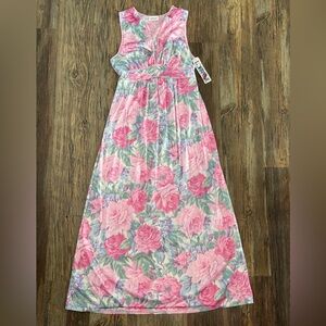 Vtg Lorraine Empire Waist Plunge Neck Maxi Nightgown Slip Dress Sz M Pink Floral